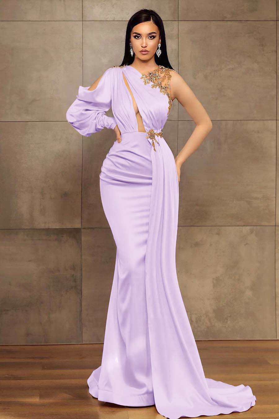 Champagne Mermaid Prom Dress Long Sleeve Asymmetric Neck Beaded Formal Dress