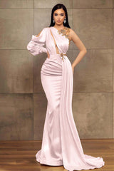 Champagne Mermaid Prom Dress Long Sleeve Asymmetric Neck Beaded Formal Dress