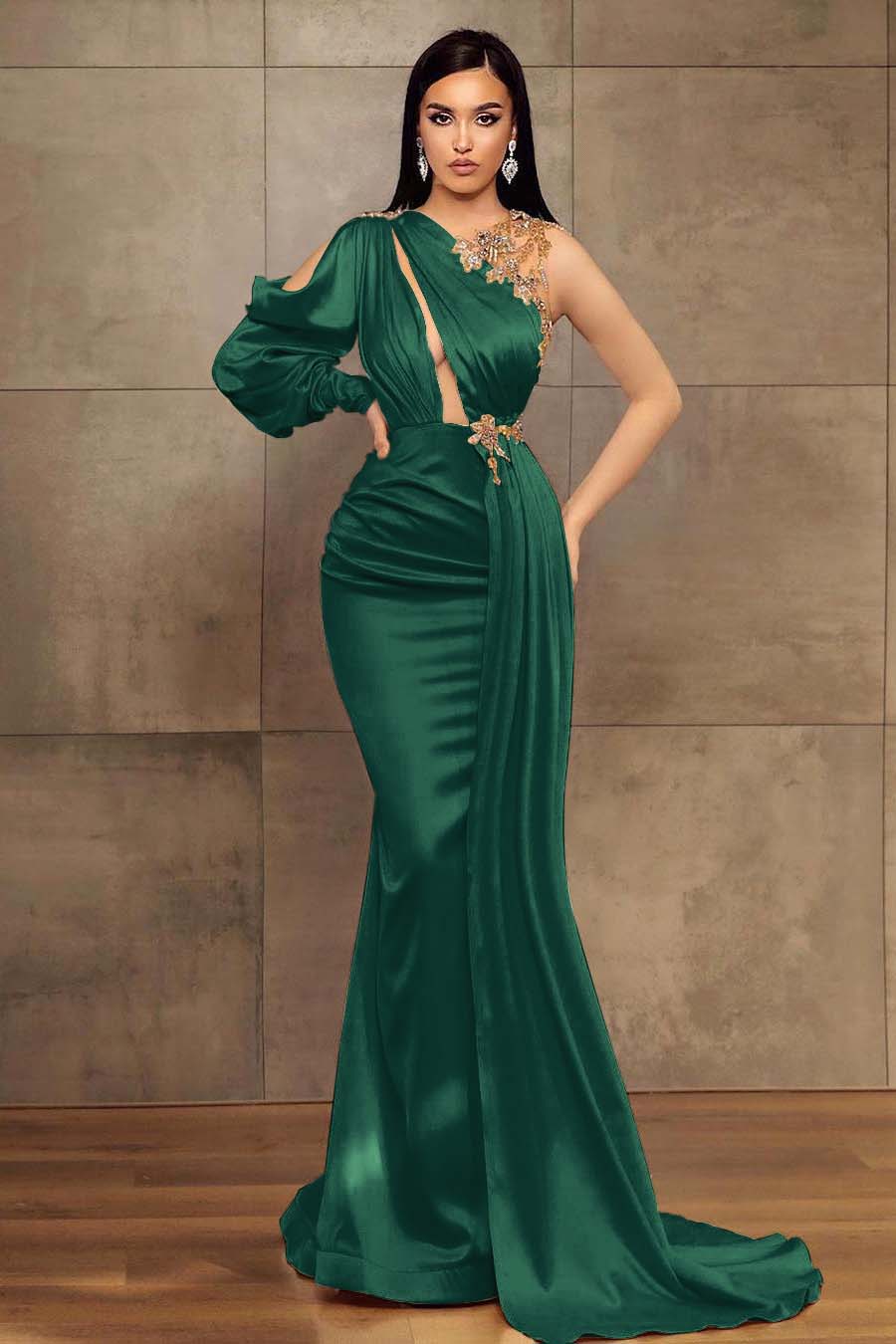 Champagne Mermaid Prom Dress Long Sleeve Asymmetric Neck Beaded Formal Dress