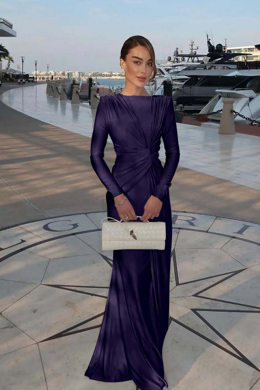 Champagne Mermaid Prom Dress Long Sleeve Bateau Neck Satin Formal Dress