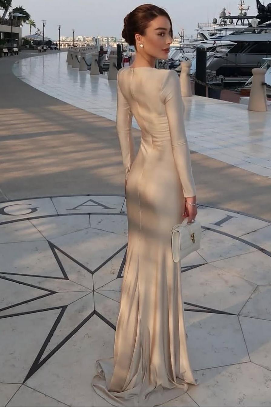 Champagne Mermaid Prom Dress Long Sleeve Bateau Neck Satin Formal Dress