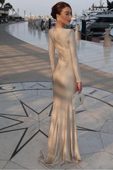Champagne Mermaid Prom Dress Long Sleeve Bateau Neck Satin Formal Dress