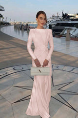 Champagne Mermaid Prom Dress Long Sleeve Bateau Neck Satin Formal Dress