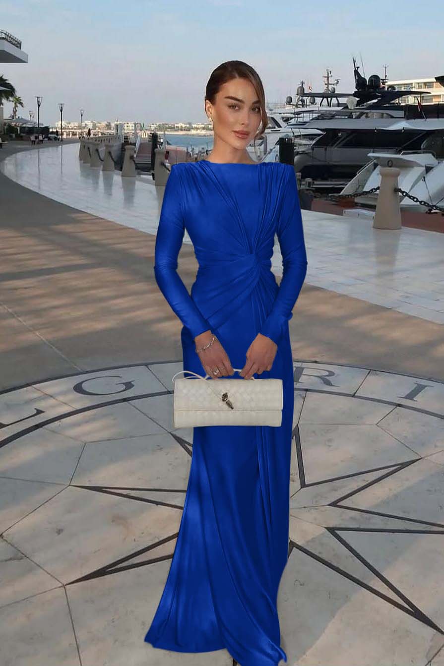 Champagne Mermaid Prom Dress Long Sleeve Bateau Neck Satin Formal Dress