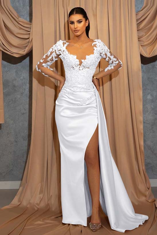 Champagne Mermaid Prom Dress Long Sleeve Formal Dress With Lace Appliques