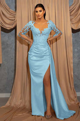 Champagne Mermaid Prom Dress Long Sleeve Formal Dress With Lace Appliques