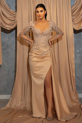 Champagne Mermaid Prom Dress Long Sleeve Formal Dress With Lace Appliques