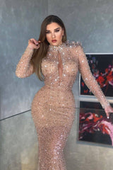 Champagne Mermaid Prom Dress Long Sleeve High Neck Sequined Formal Dress