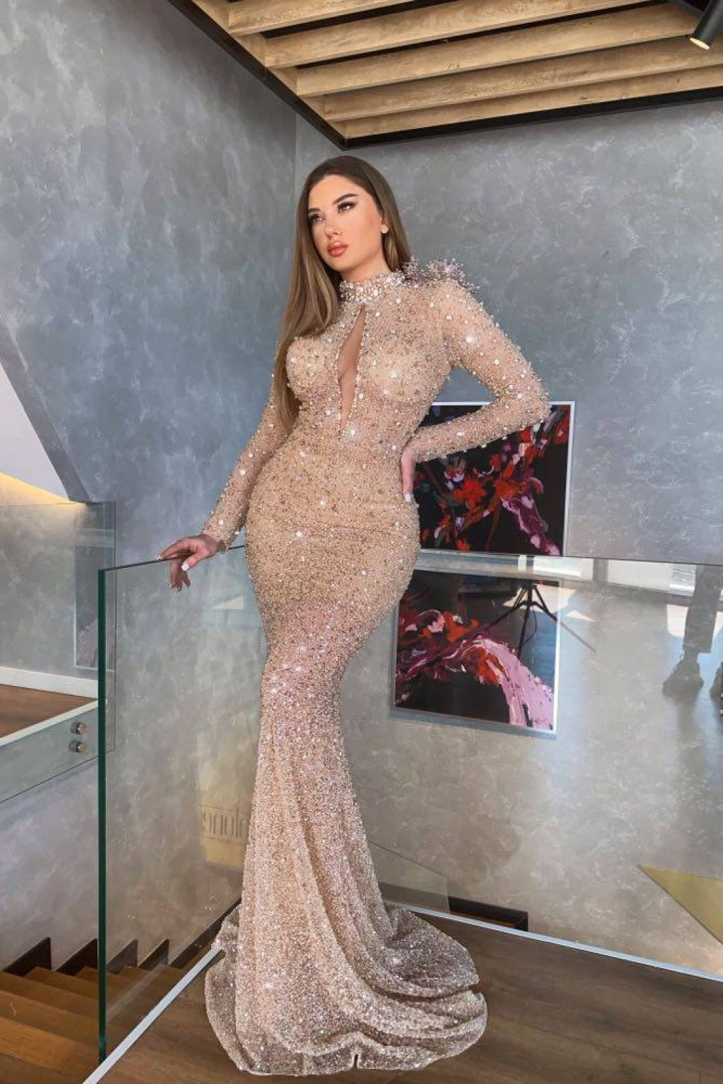 Champagne Mermaid Prom Dress Long Sleeve High Neck Sequined Formal Dress