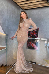 Champagne Mermaid Prom Dress Long Sleeve High Neck Sequined Formal Dress