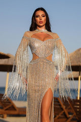 Champagne Mermaid Prom Dress Long Sleeve Keyhole Neck Beaded Formal Dress