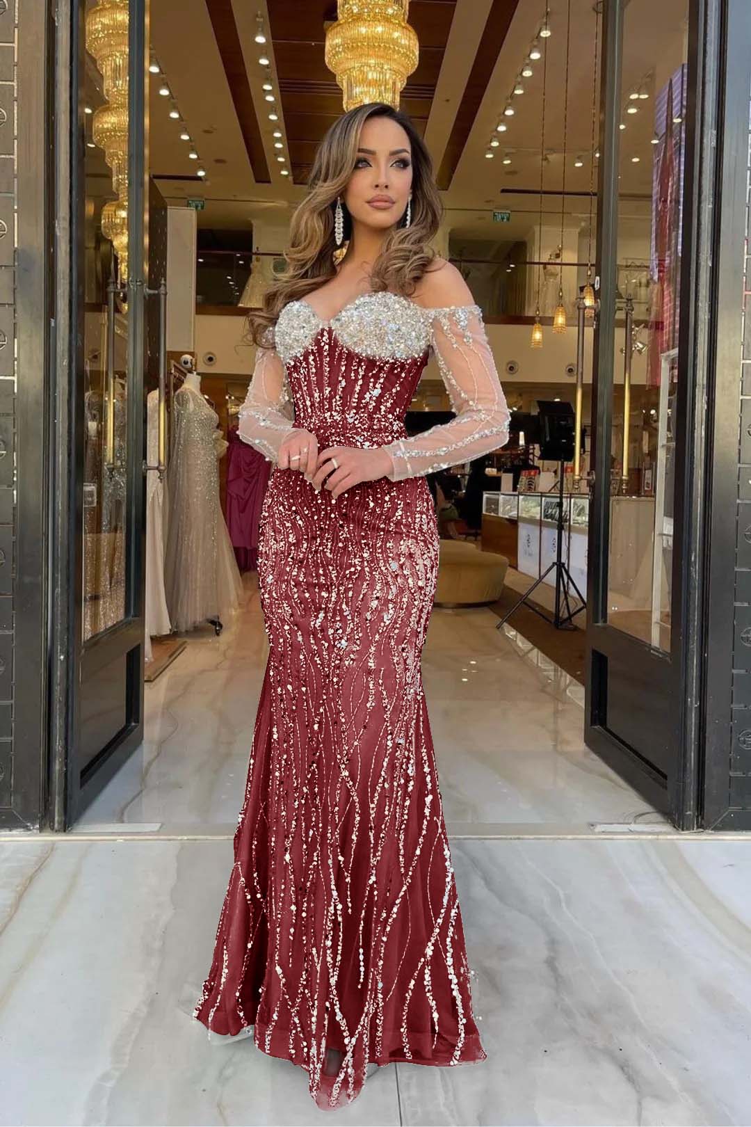 Champagne Mermaid Prom Dress Long Sleeve Off the Shoulder Sequined Formal Dress