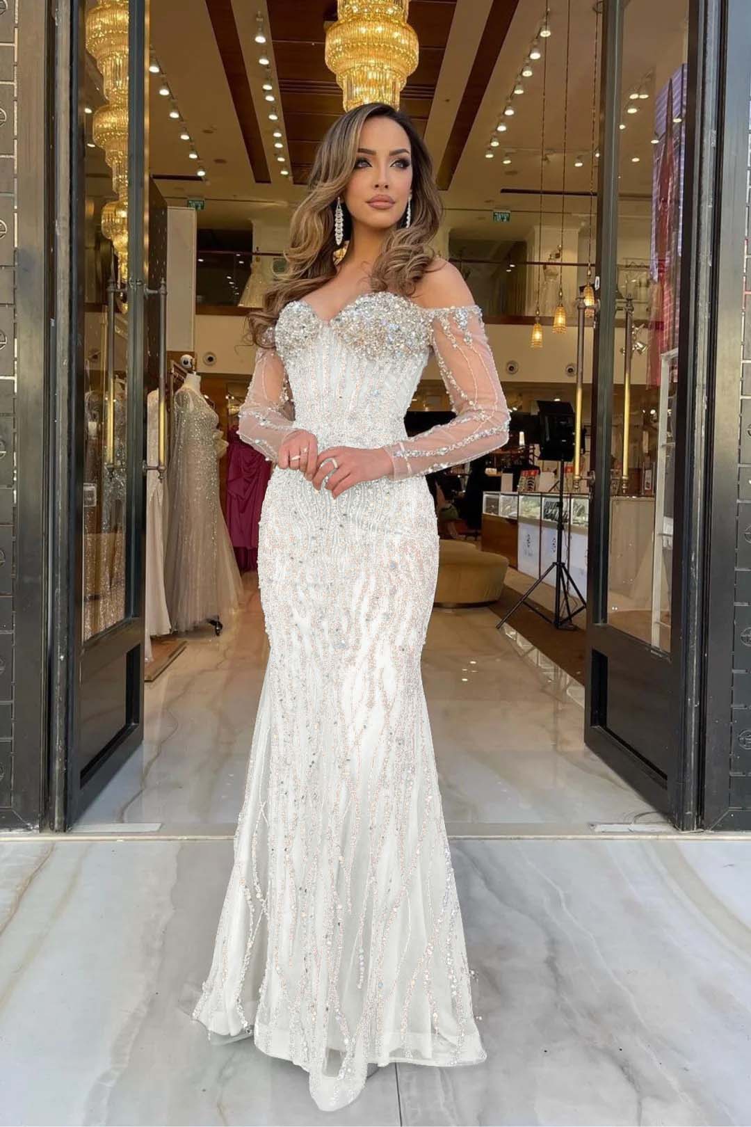 Champagne Mermaid Prom Dress Long Sleeve Off the Shoulder Sequined Formal Dress