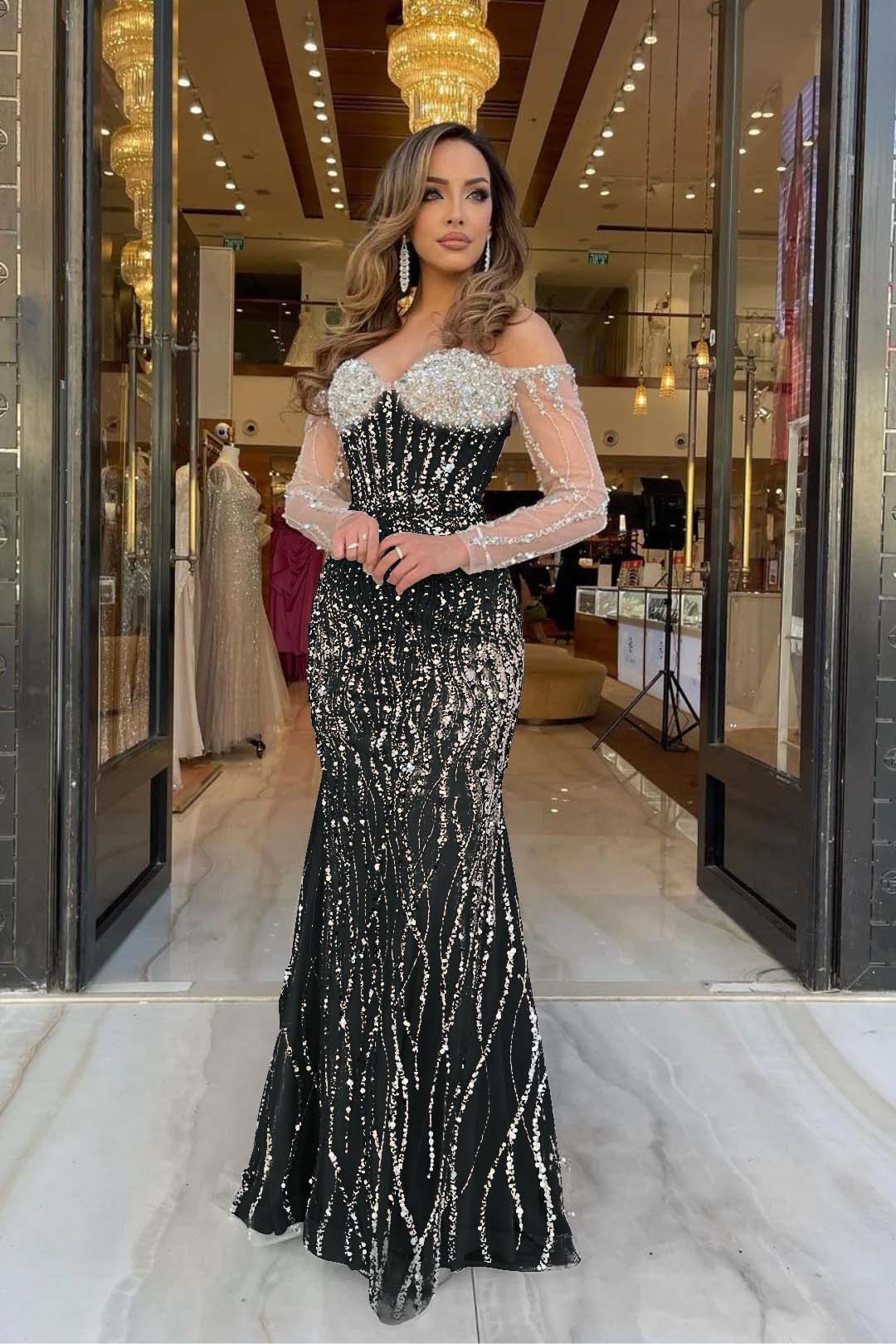 Champagne Mermaid Prom Dress Long Sleeve Off the Shoulder Sequined Formal Dress