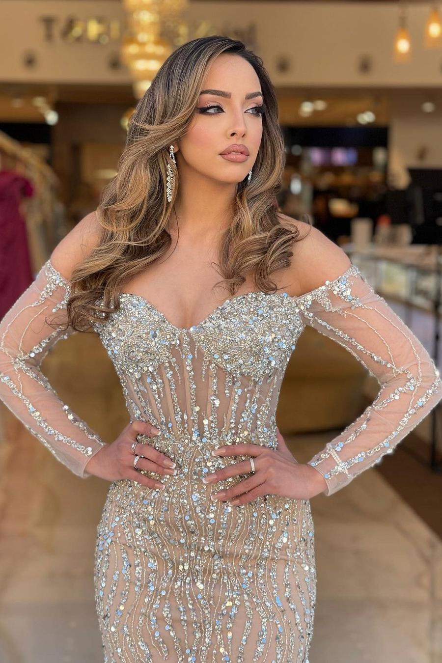 Champagne Mermaid Prom Dress Long Sleeve Off the Shoulder Sequined Formal Dress