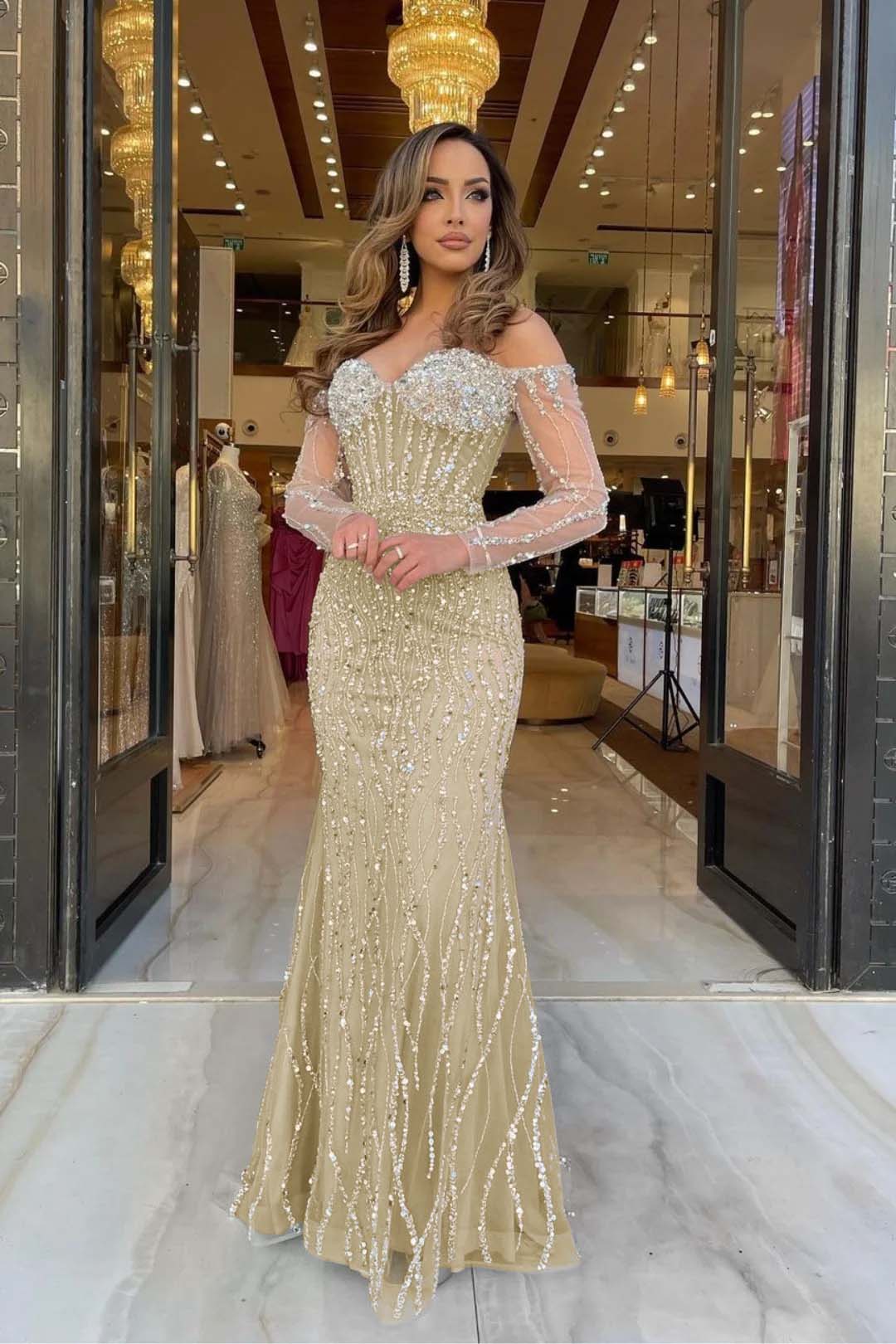 Champagne Mermaid Prom Dress Long Sleeve Off the Shoulder Sequined Formal Dress