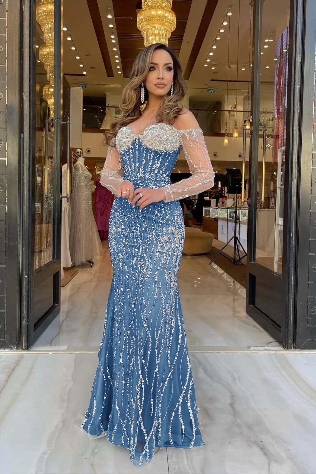 Champagne Mermaid Prom Dress Long Sleeve Off the Shoulder Sequined Formal Dress