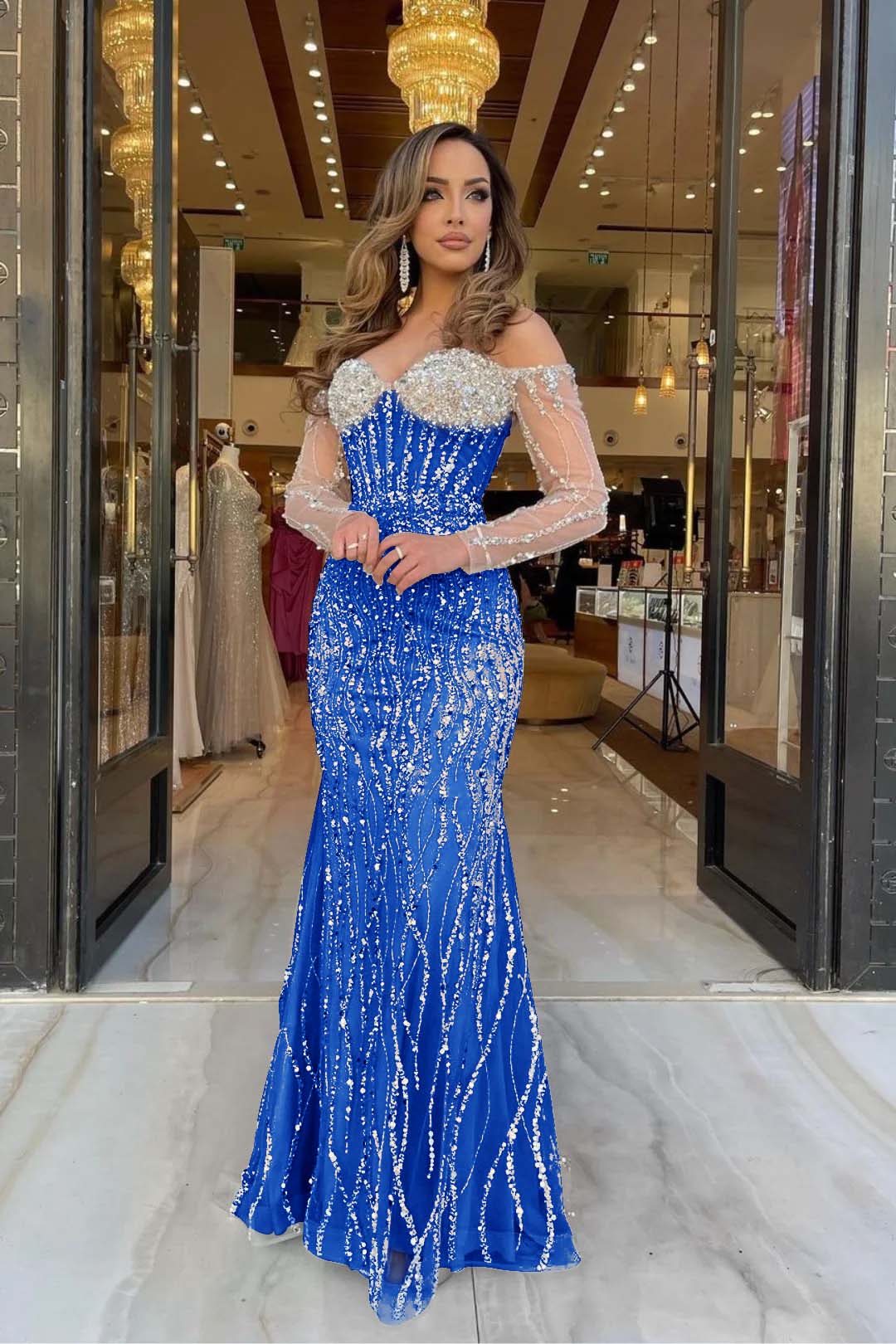 Champagne Mermaid Prom Dress Long Sleeve Off the Shoulder Sequined Formal Dress