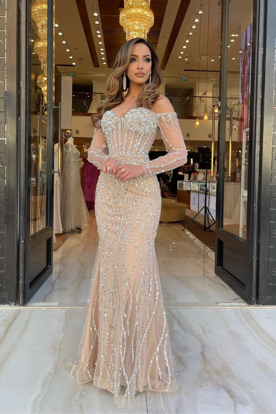Champagne Mermaid Prom Dress Long Sleeve Off the Shoulder Sequined Formal Dress