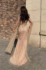Champagne Mermaid Prom Dress Long Sleeve V Neck Sequined Formal Dress