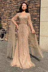 Champagne Mermaid Prom Dress Long Sleeve V Neck Sequined Formal Dress