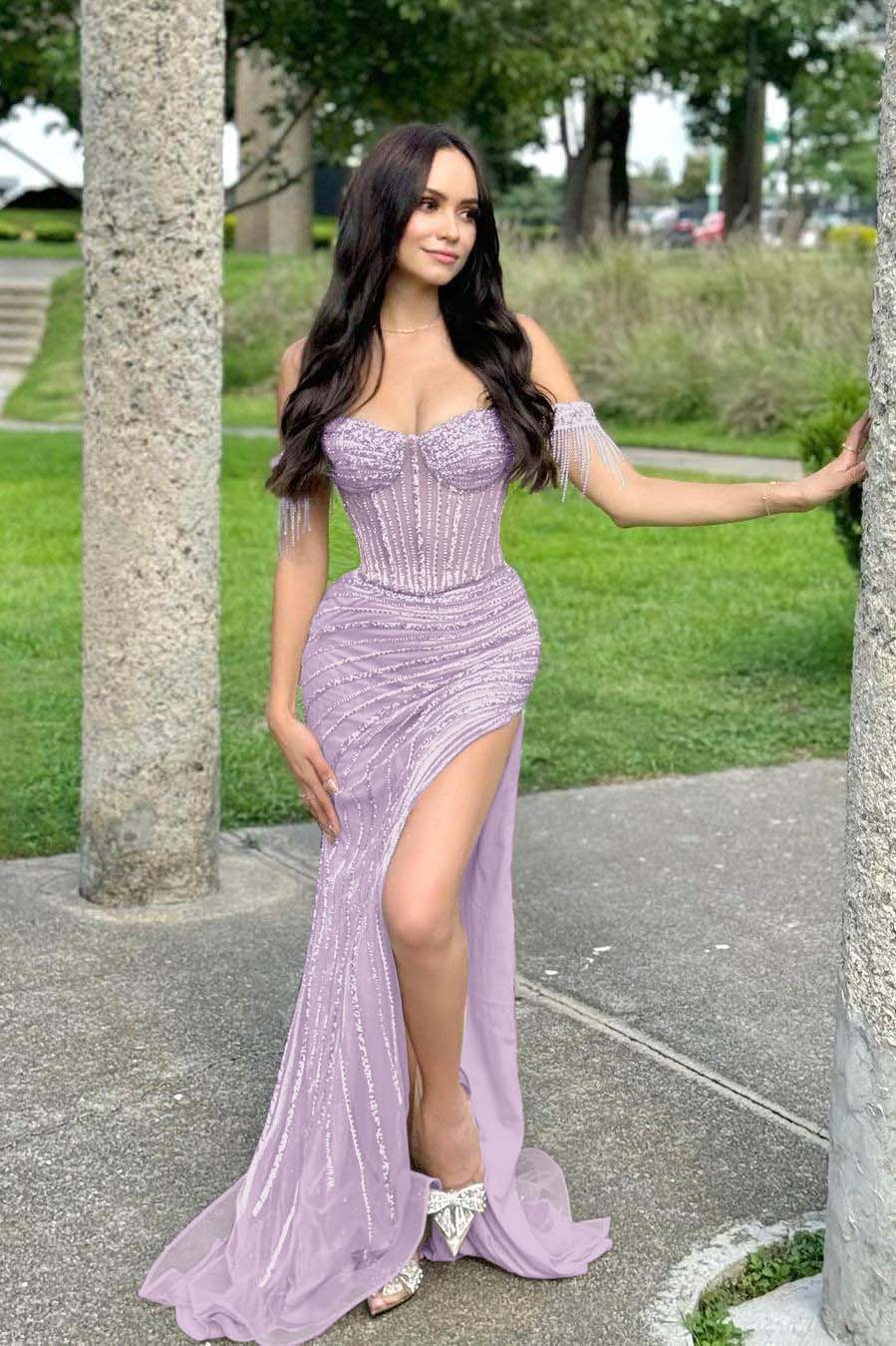 Champagne Mermaid Prom Dress Off the Shoulder Beaded Formal Dress