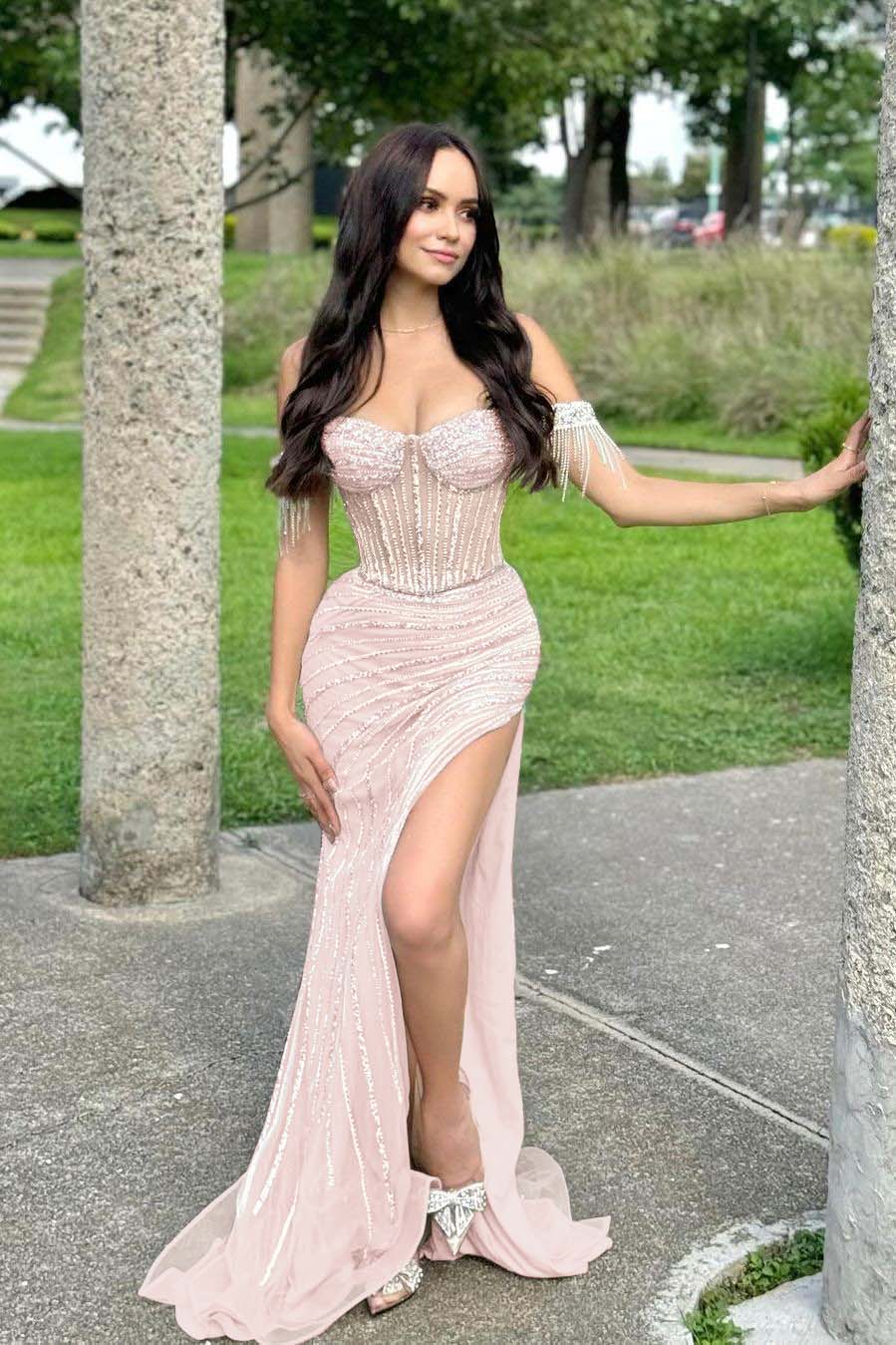 Champagne Mermaid Prom Dress Off the Shoulder Beaded Formal Dress