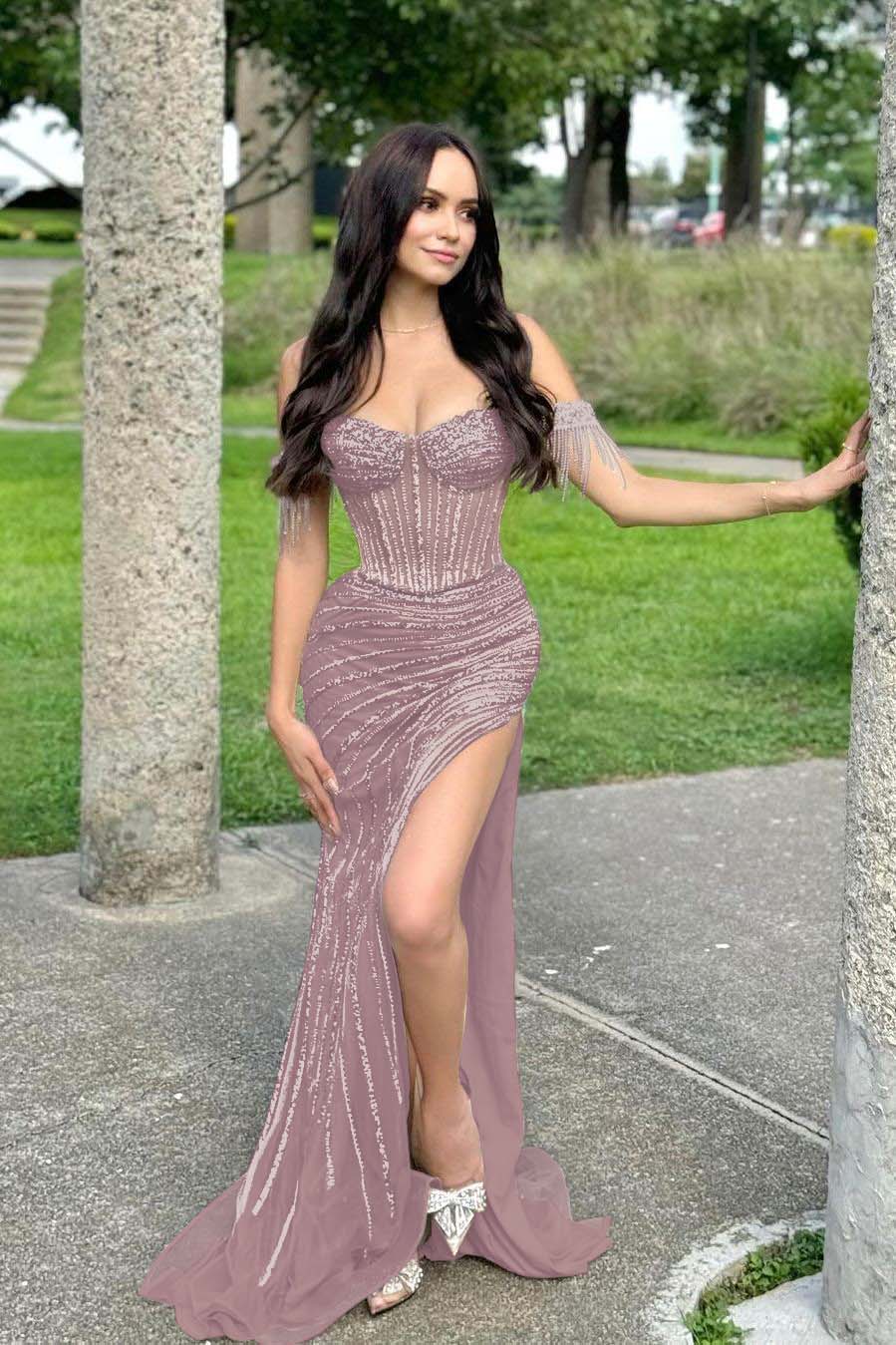 Champagne Mermaid Prom Dress Off the Shoulder Beaded Formal Dress