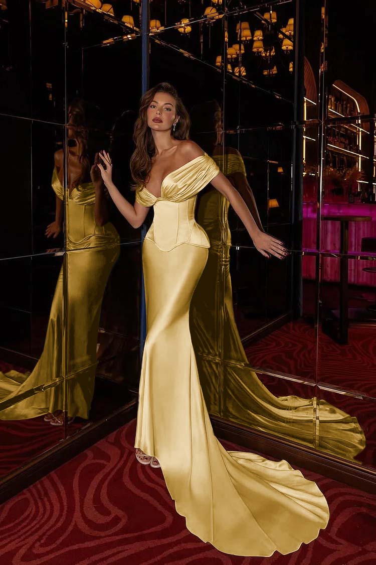 Champagne Mermaid Prom Dress Off the Shoulder Satin Formal Dress