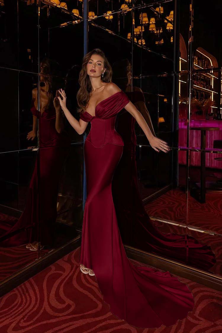 Champagne Mermaid Prom Dress Off the Shoulder Satin Formal Dress