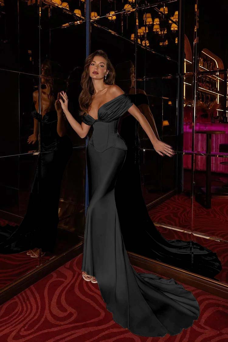 Champagne Mermaid Prom Dress Off the Shoulder Satin Formal Dress