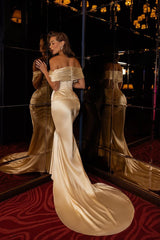 Champagne Mermaid Prom Dress Off the Shoulder Satin Formal Dress