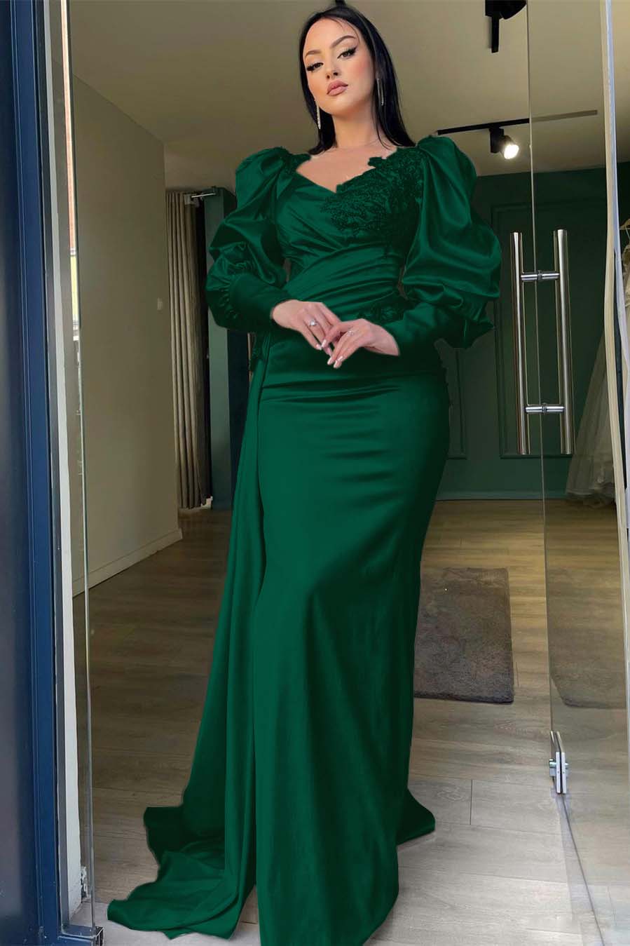 Champagne Mermaid Prom Dress Puff Long Sleeve Formal Dress With Lace Appliques