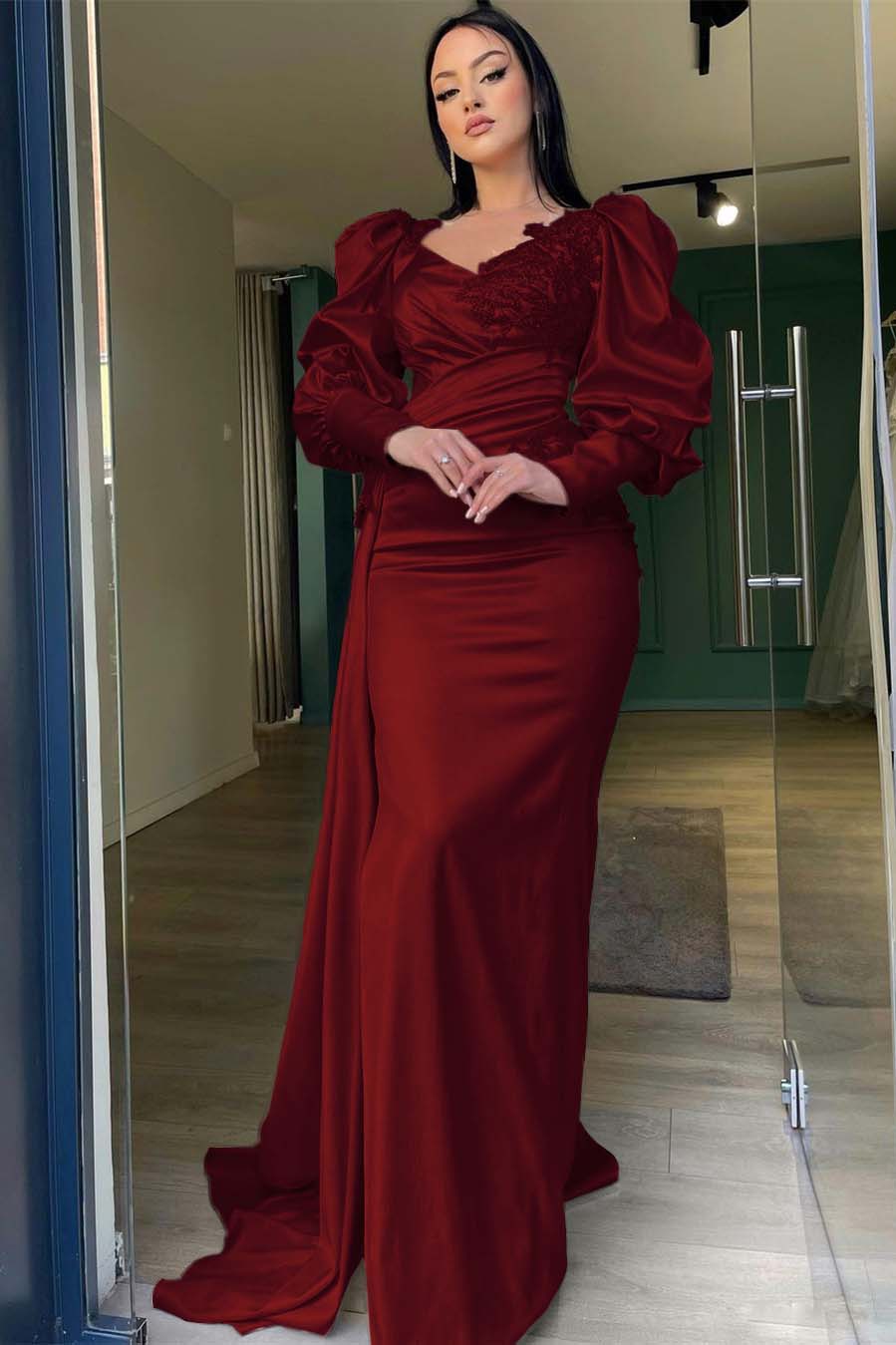 Champagne Mermaid Prom Dress Puff Long Sleeve Formal Dress With Lace Appliques