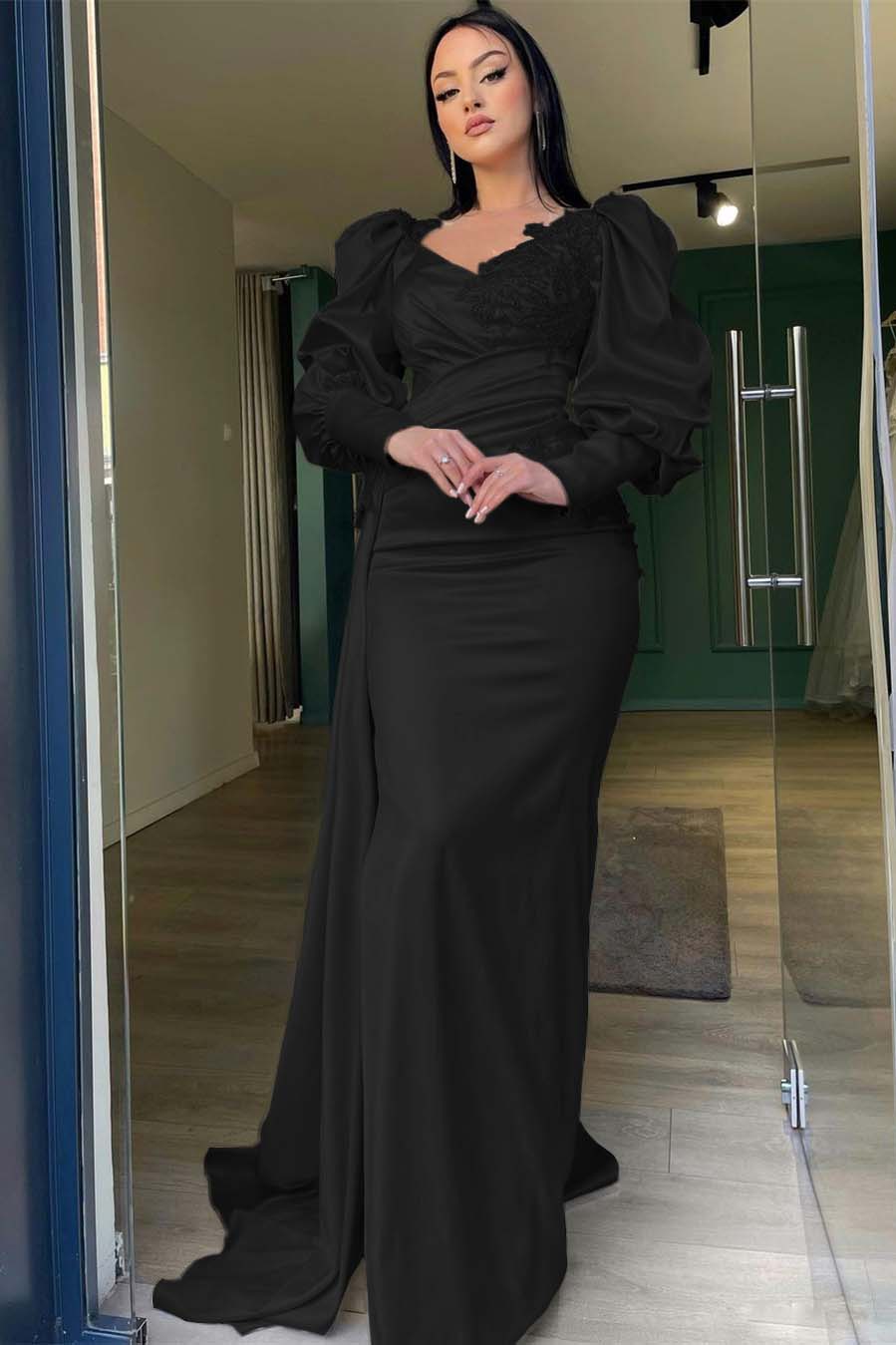 Champagne Mermaid Prom Dress Puff Long Sleeve Formal Dress With Lace Appliques