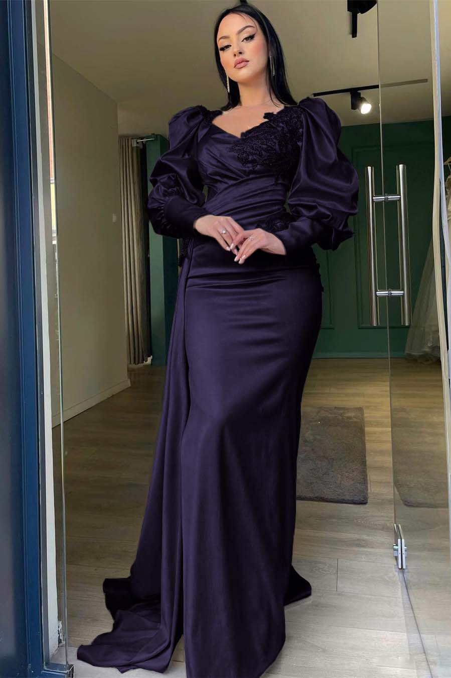 Champagne Mermaid Prom Dress Puff Long Sleeve Formal Dress With Lace Appliques