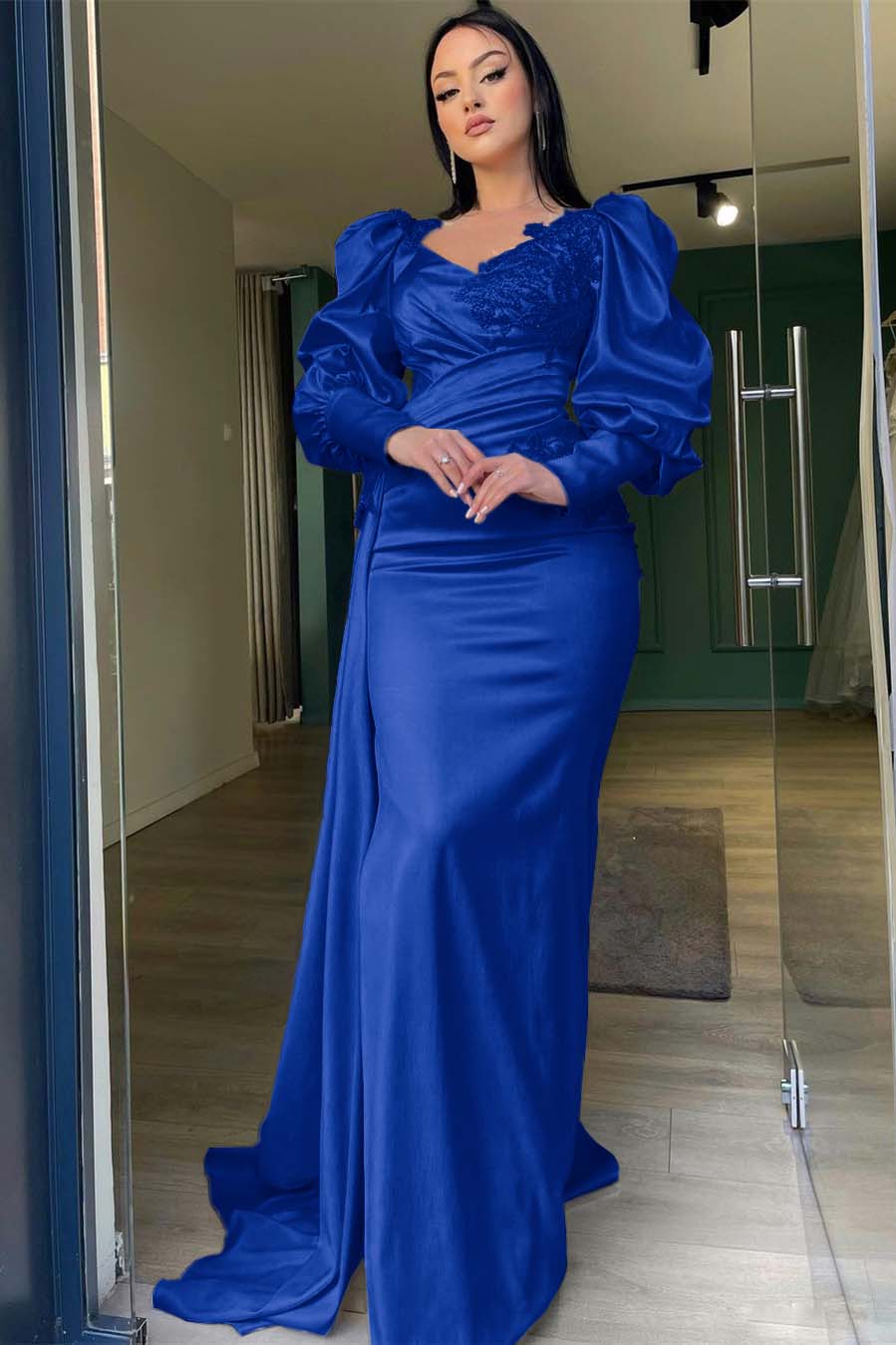 Champagne Mermaid Prom Dress Puff Long Sleeve Formal Dress With Lace Appliques