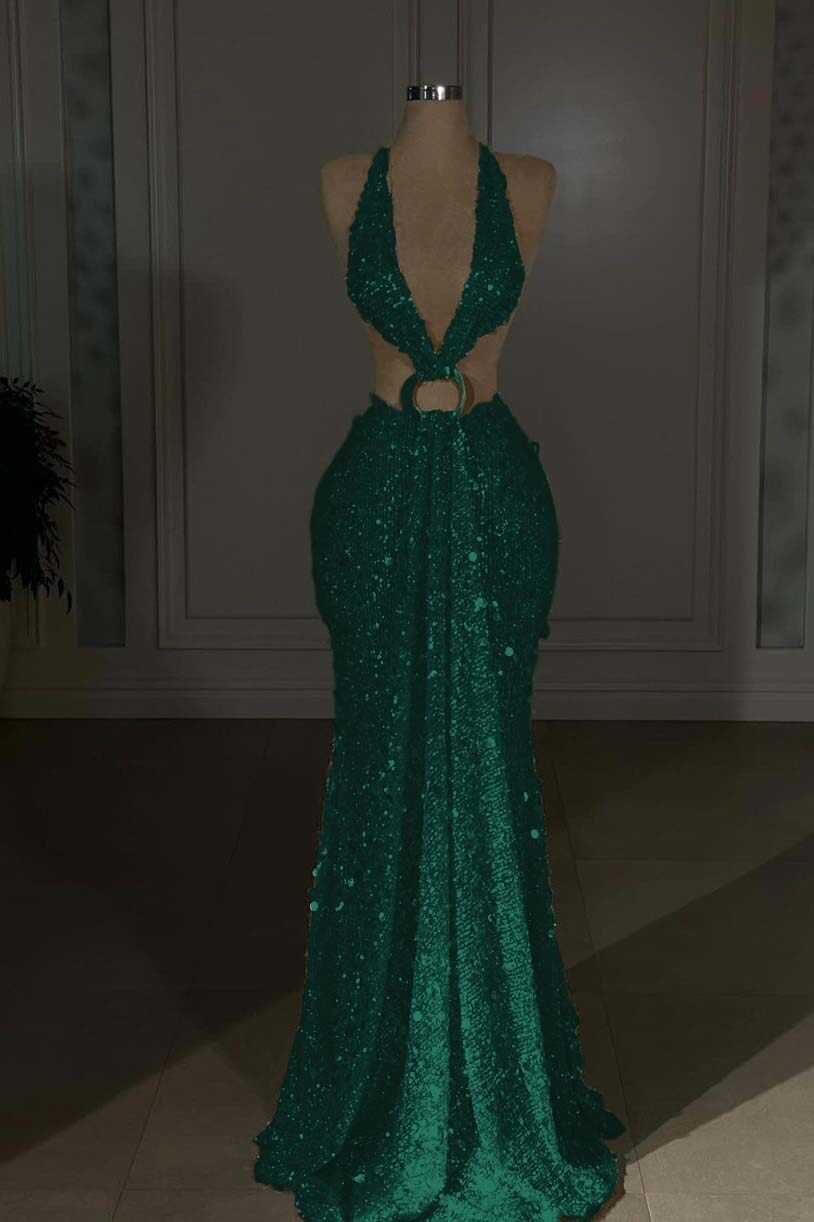 Champagne Mermaid Prom Dress Sleeveless Halter Neck Sequined Formal Dress