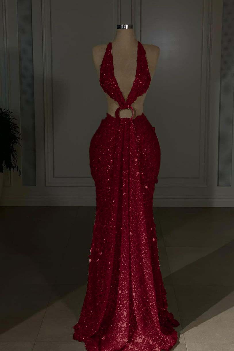 Champagne Mermaid Prom Dress Sleeveless Halter Neck Sequined Formal Dress