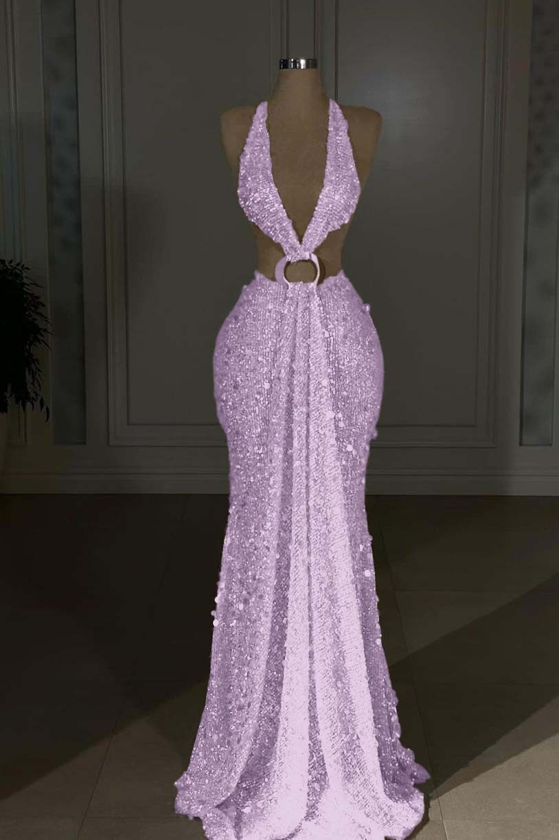 Champagne Mermaid Prom Dress Sleeveless Halter Neck Sequined Formal Dress