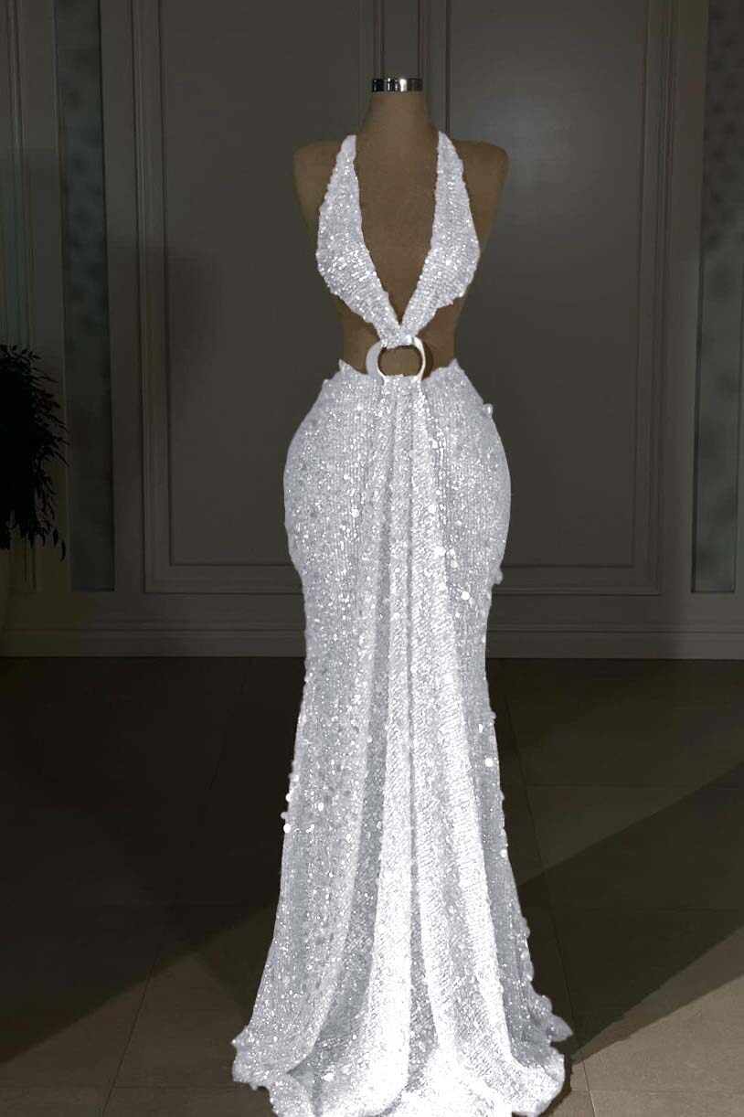 Champagne Mermaid Prom Dress Sleeveless Halter Neck Sequined Formal Dress