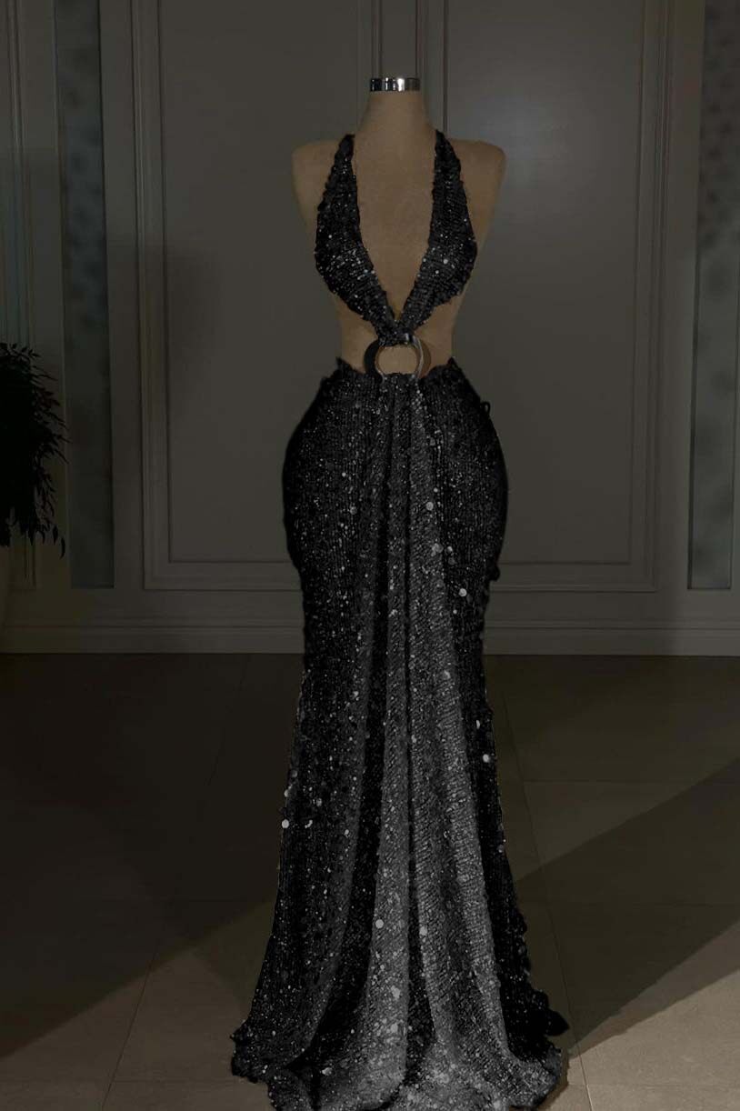 Champagne Mermaid Prom Dress Sleeveless Halter Neck Sequined Formal Dress