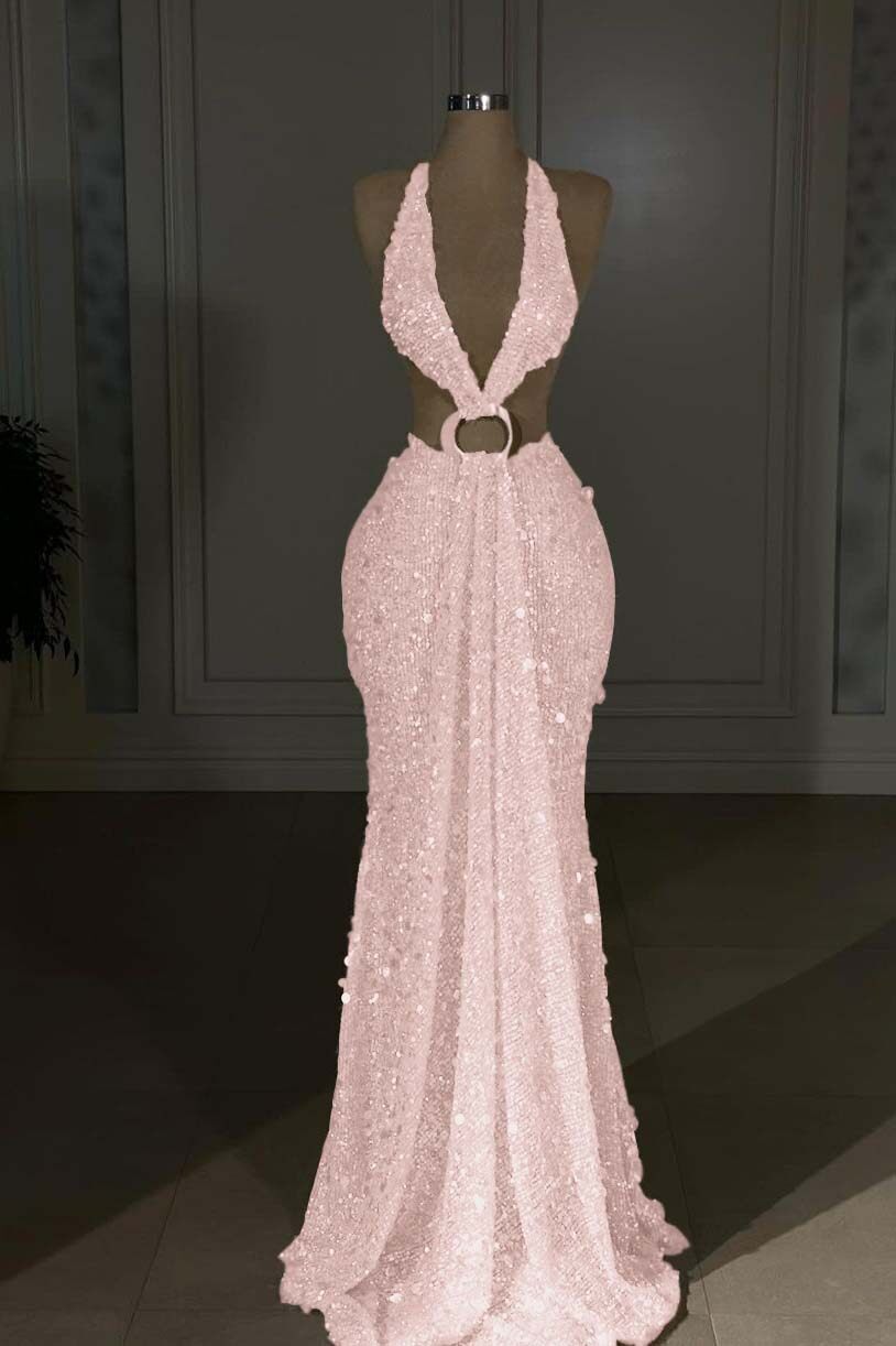 Champagne Mermaid Prom Dress Sleeveless Halter Neck Sequined Formal Dress