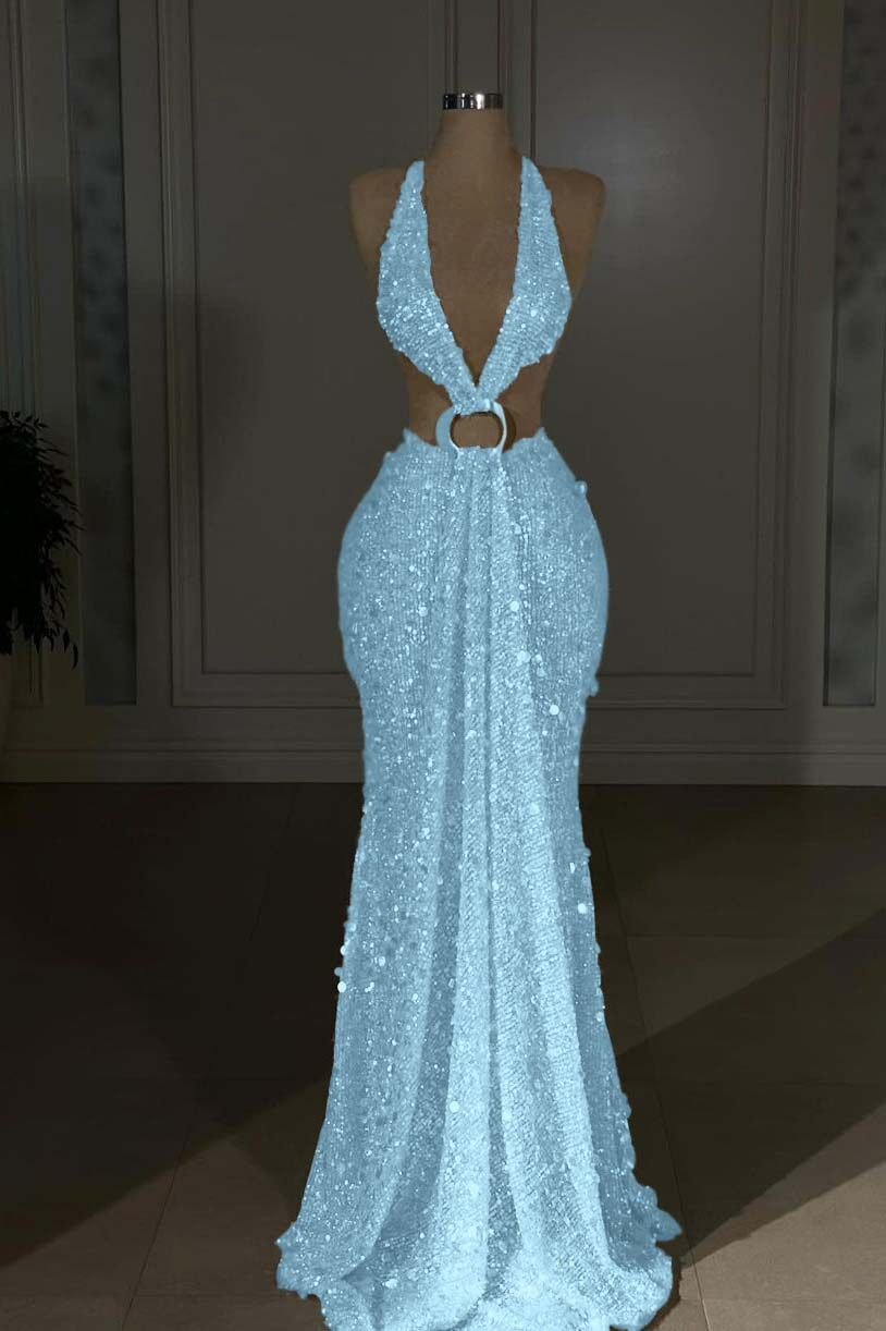 Champagne Mermaid Prom Dress Sleeveless Halter Neck Sequined Formal Dress