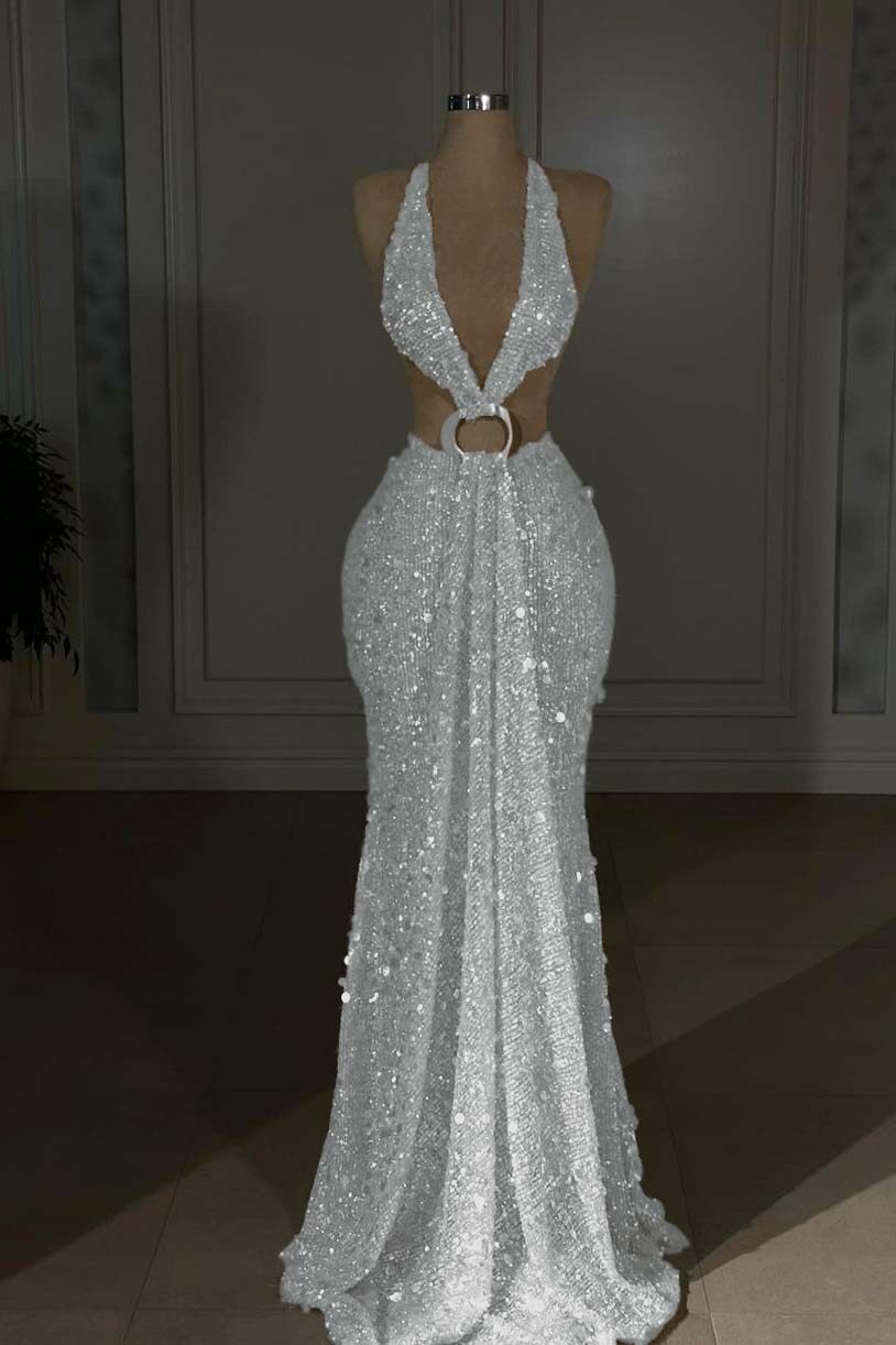 Champagne Mermaid Prom Dress Sleeveless Halter Neck Sequined Formal Dress