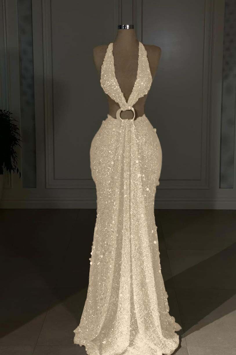 Champagne Mermaid Prom Dress Sleeveless Halter Neck Sequined Formal Dress