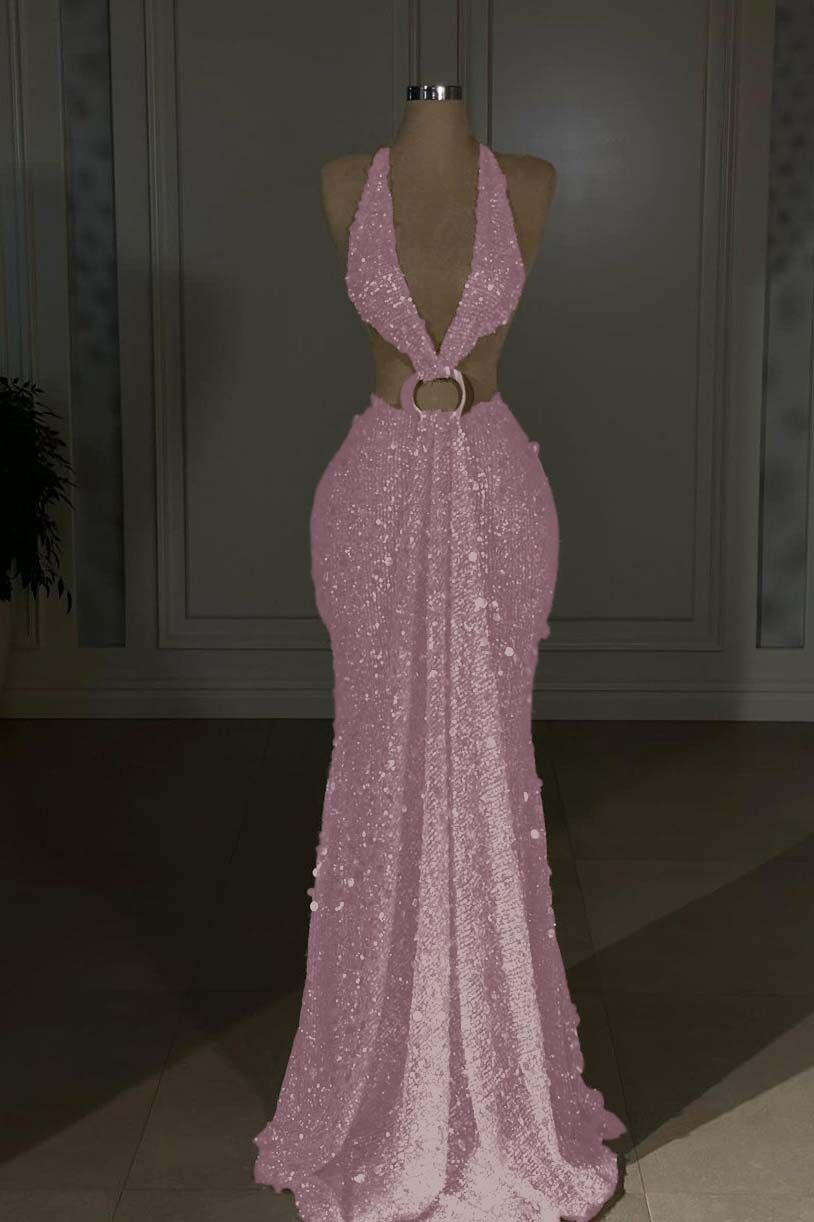 Champagne Mermaid Prom Dress Sleeveless Halter Neck Sequined Formal Dress