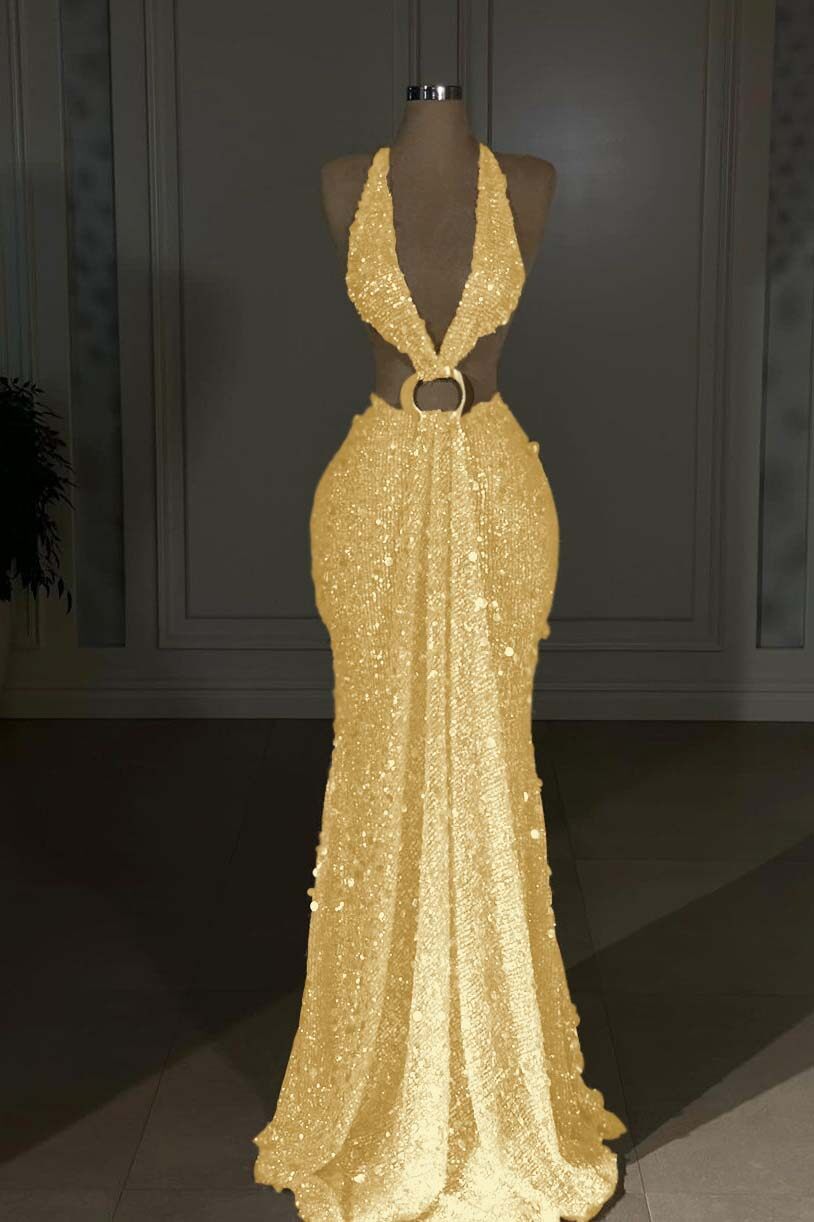 Champagne Mermaid Prom Dress Sleeveless Halter Neck Sequined Formal Dress