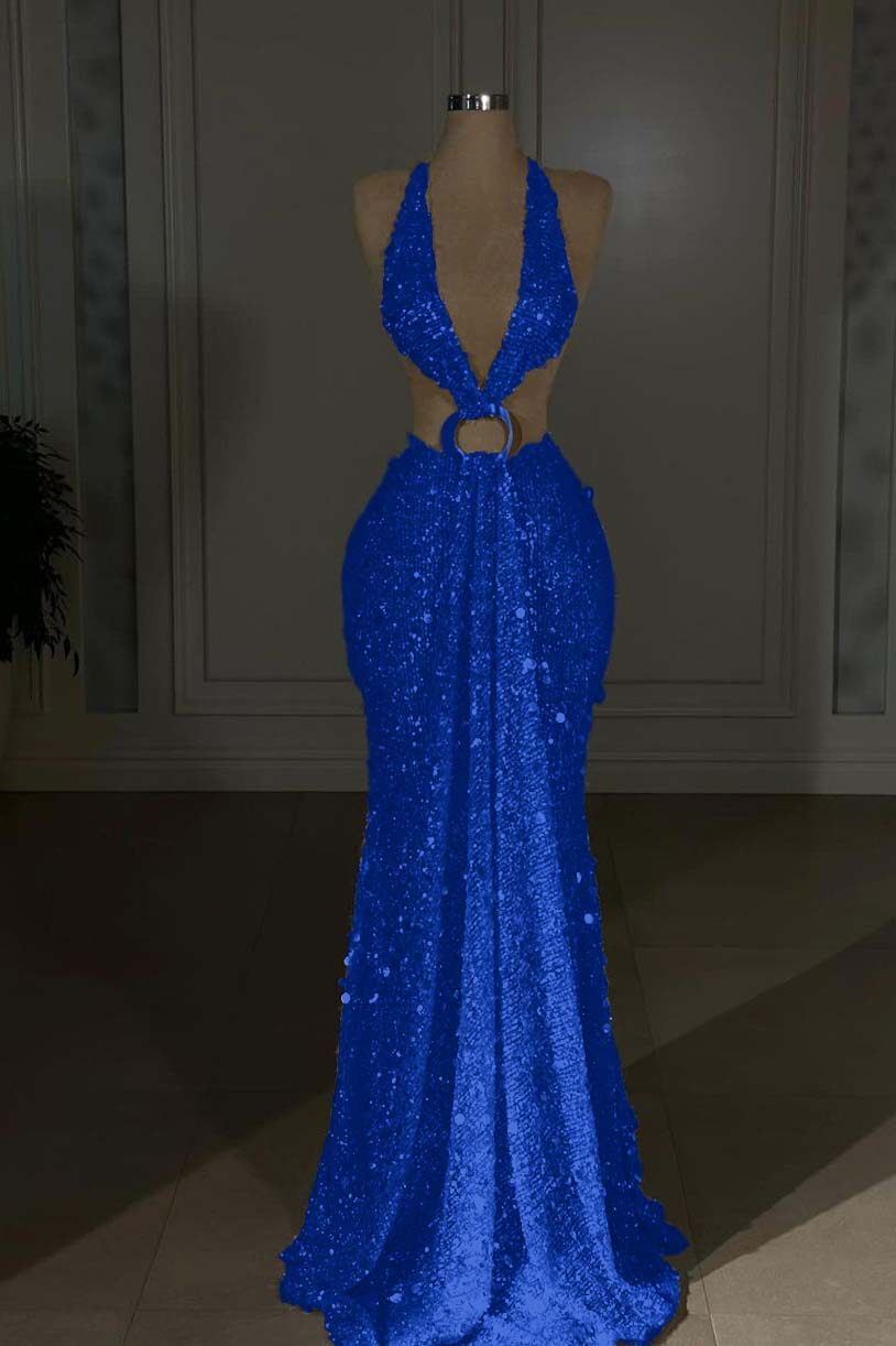 Champagne Mermaid Prom Dress Sleeveless Halter Neck Sequined Formal Dress