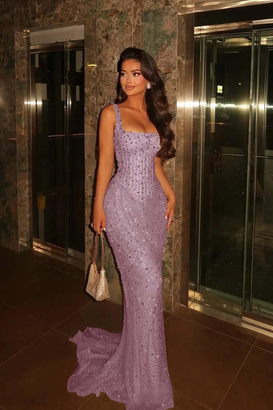 Champagne Mermaid Prom Dress Sleeveless Square Neck Beaded Formal Dress